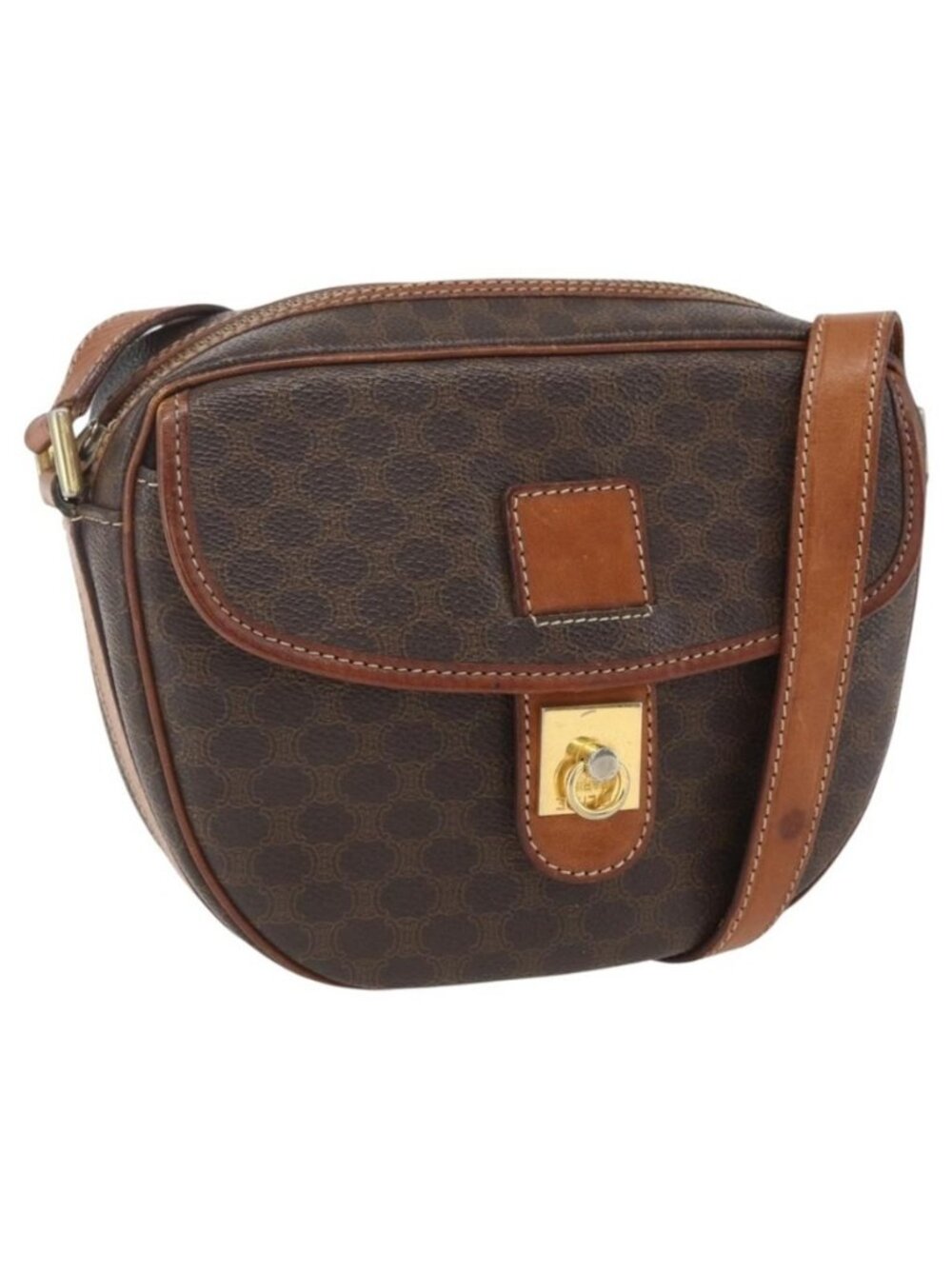 Authentic CELINE Macadam Canvas Shoulder Bag PVC Leather Brown Gold